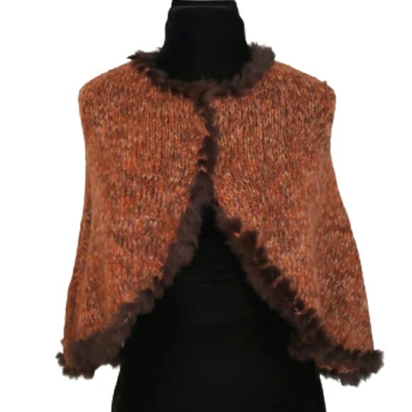 Fur Poncho 100% Dyed Rabbit Fur Lined Knit Outerwear Cardigan - Picture 1 of 9